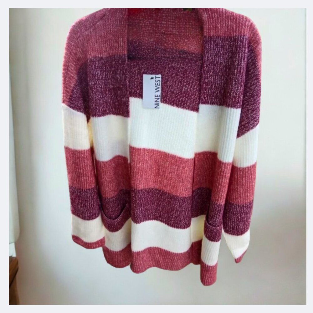 NINE WEST Plum Hues & Cream Striped Cardigan Sweater Comfortable Fall Staple NWT